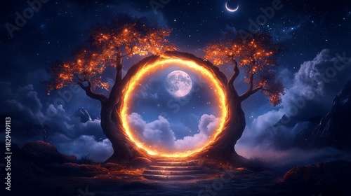 Mystical Night Gateway Formed by Glowing Trees to a Moonlit Fantasy World