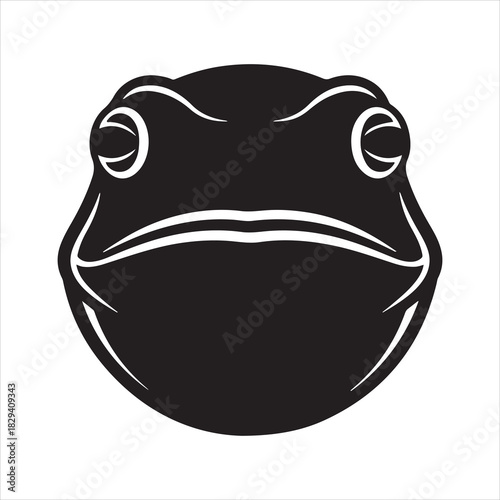 Graphic black and white illustration of a frog's face in vector format