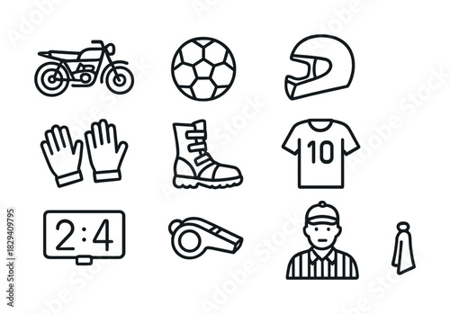 Sports equipment and gear icons including motorcycle, soccer ball, helmet, and referee