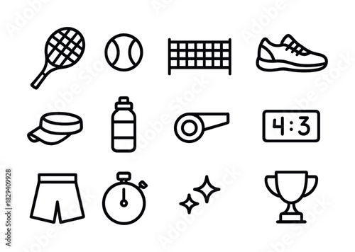 Outline icons of tennis equipment and sports items with timer and scoreboard