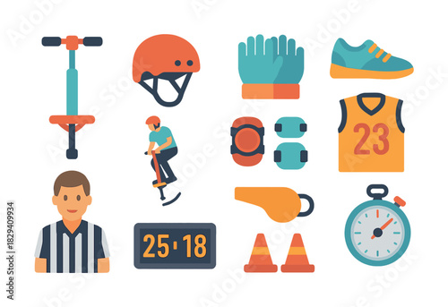 Sports equipment and referee icon set with pogo stick and stopwatch