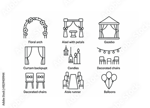 Wedding venue outline icons - floral arch, aisle with petals, gazebo, decorated chairs, balloons