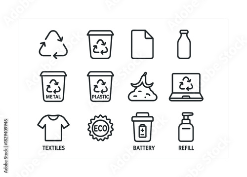 Recycling and eco symbols: metal, plastic, textiles, paper, battery, refill, compost