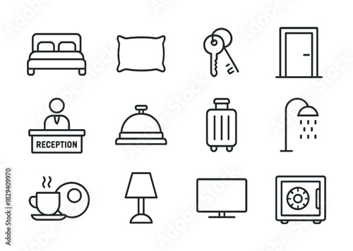 Hotel room essentials icons: bed, pillow, keys, door, reception, bell, luggage, shower, cup, lamp, tv, safe