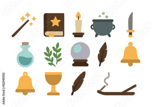 Magical objects collection: wand, spellbook, cauldron, potion, candle, sword, herbs, crystal ball, ink quill, chalice, incense, bell