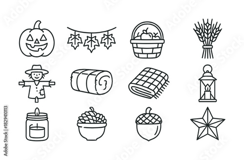 Autumn harvest icons featuring pumpkin, scarecrow, acorn, lantern, and more