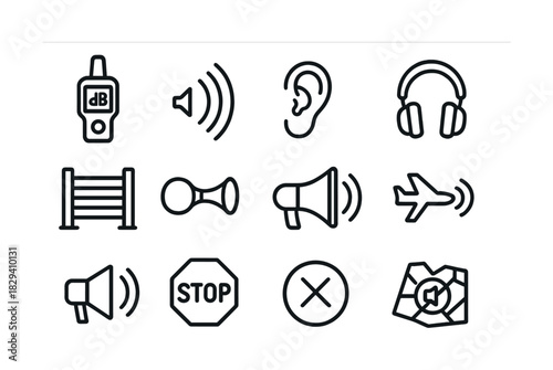 Sound and noise icons: volume, ear protection, megaphone, airplane, map, amplification symbols