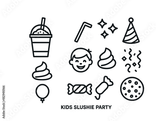 Kids slushie party icons: treats, celebrations, and fun elements