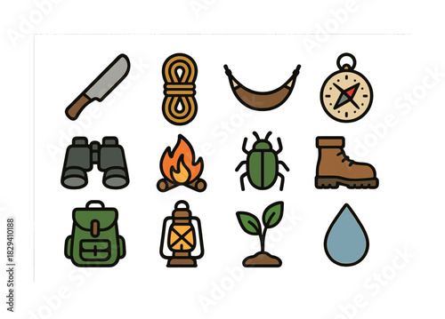 Camping gear icons: knife, rope, hammock, compass, binoculars, fire, beetle, boot, backpack, lantern, plant, water drop