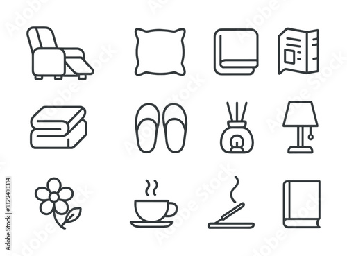 Cozy home essentials icons featuring furniture, decor, and relaxation items