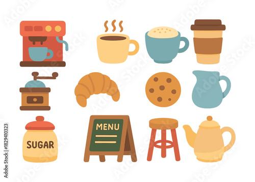 Colorful cafe items including coffee maker, mugs, croissant, menu, and sugar jar