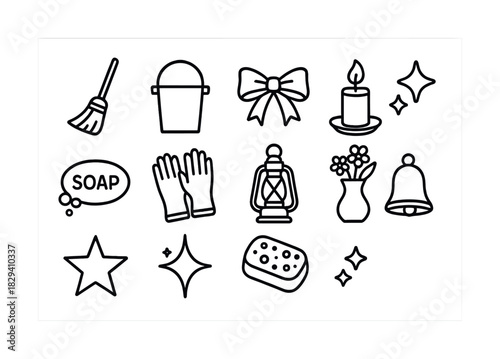 Household and cleaning icons: broom, bucket, gloves, candle, soap, lantern, flower vase, bell, star