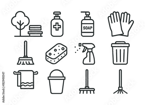 Cleaning icons set: soap, mop, sponge, gloves, spray, trash, bucket, towel