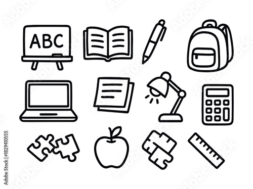 School supplies icons: blackboard, books, backpack, laptop, stationery