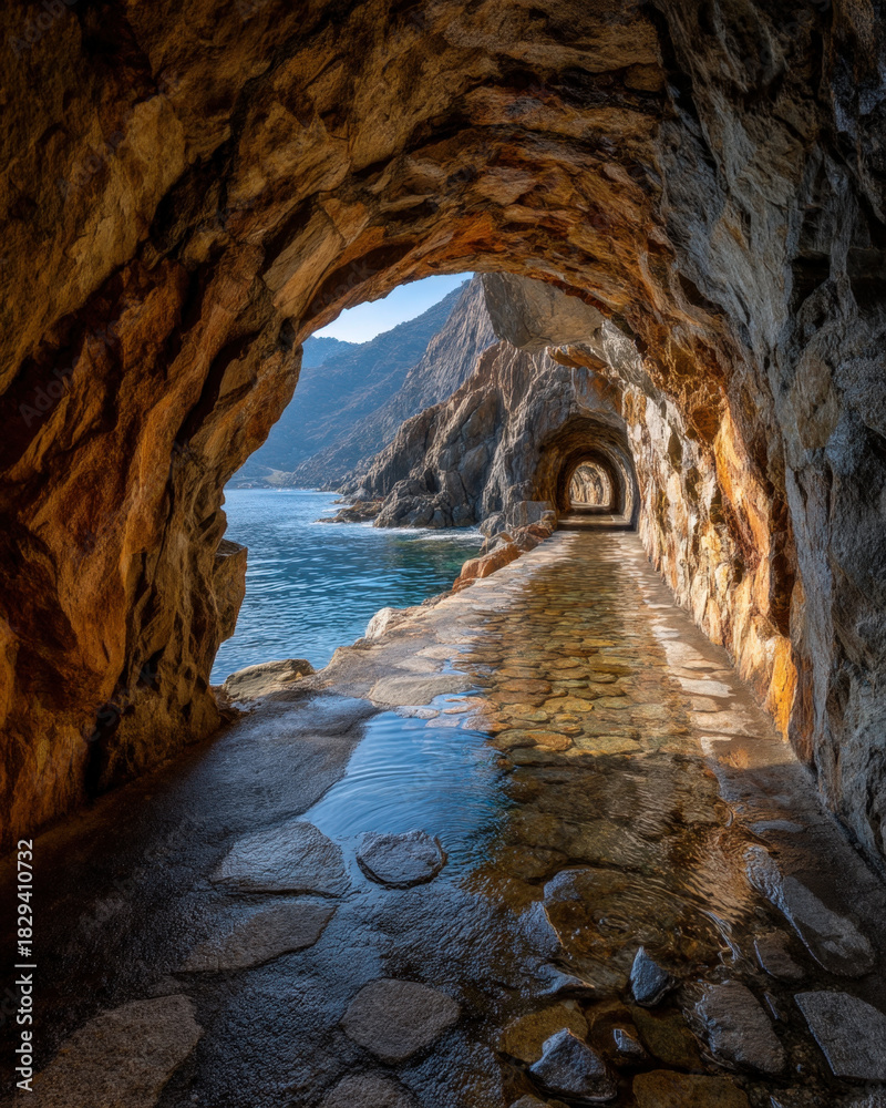 Obraz premium Cliffside tunnel with reflective liquid metal wall and natural sea light