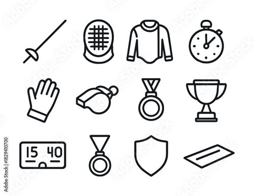 Fencing equipment icons: sword, helmet, timer, glove, whistle, medal, trophy, scoreboard
