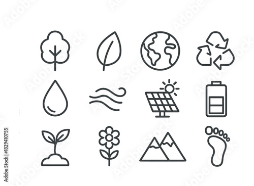 Eco-friendly icons: tree, leaf, earth, recycling, solar panel, mountain, footprint