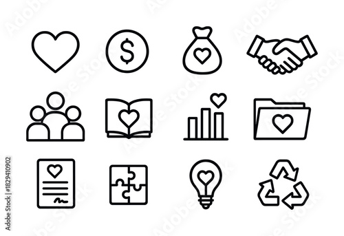 Set of charity and donation icons featuring hearts and handshakes for community support and sustainability