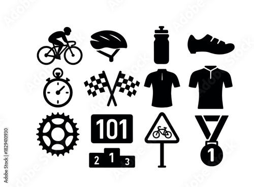 Cycling icons set: bicycle, gear, helmet, medals, stopwatch, jersey, water bottle, race symbols