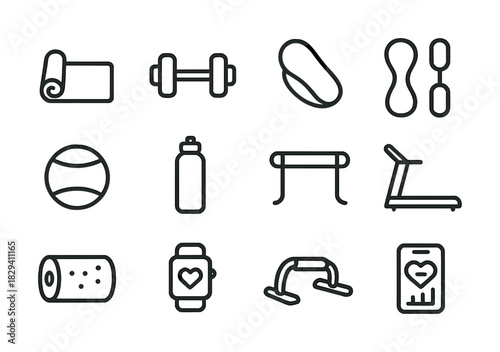 Fitness icons set: yoga mat, dumbbell, treadmill, water bottle, heart monitor
