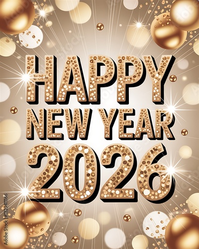 Happy new year 2026 greeting card with gold glitter text