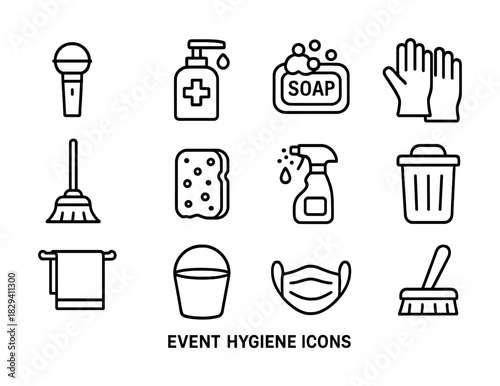 Hygiene and cleaning icons collection: microphone, soap, gloves, mop, sponge, spray, trash can, towel, bucket, mask, scrub brush