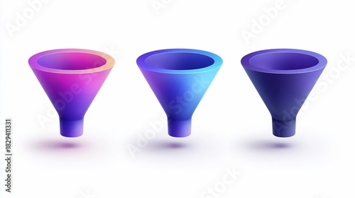 Three gradient-colored funnels, set against a white background, suggesting concepts like flow or process