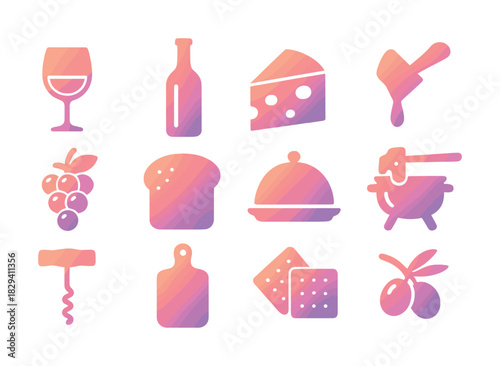 Food and drink icons: wine cheese bread grapes platter crackers olives