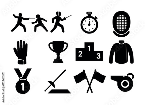 Fencing icons set: mask, sword, medal, trophy, podium, symbols for sport and competition