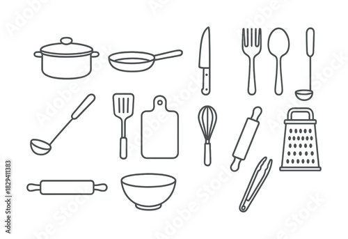Kitchen utensils set: pots, pans, knives, cutting boards, whisk, rolling pin, grater, tongs