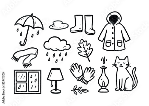 Hand-drawn autumn illustrations: cozy weather essentials and cute cat