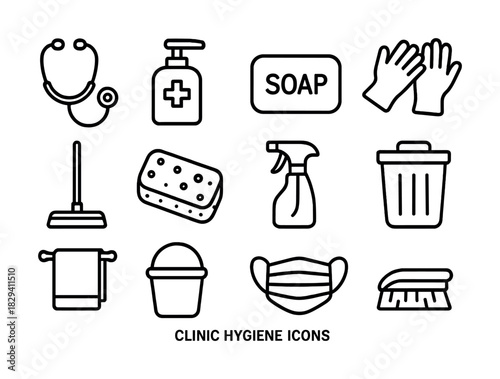 Clinic hygiene icons: stethoscope, sanitizer, gloves, soap, mask, mop, trash bin, spray bottle