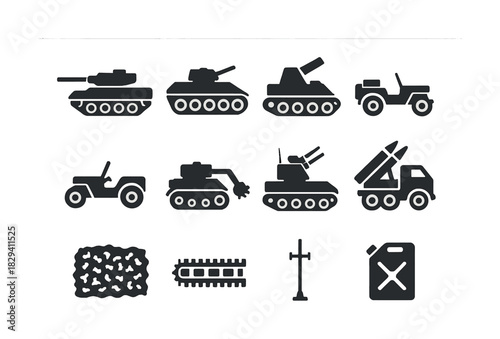 Military vehicle icons set: tanks, jeeps, and equipment silhouettes