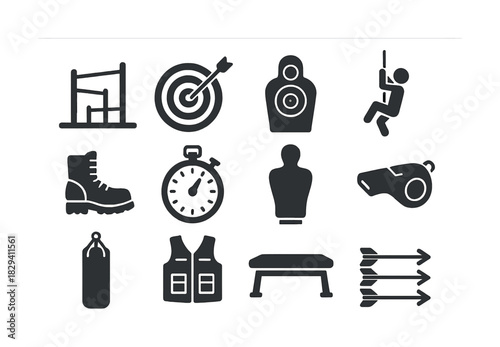 Icons representing fitness and training activities with equipment and symbols
