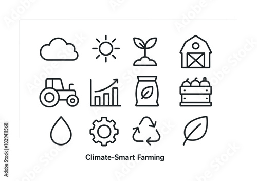 Climate-smart farming icons: sustainable agriculture and eco-friendly practices