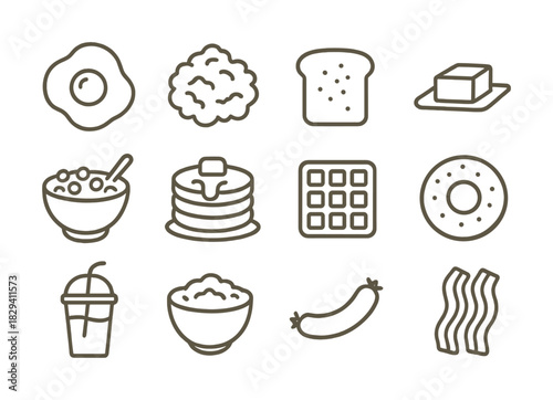 Breakfast icons: eggs, toast, waffles, pancakes, cereal, donut, sausage, bacon