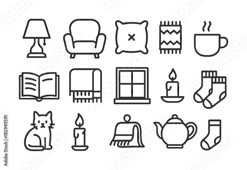 Cozy home essentials: lamp chair pillow blanket mug book candle socks cat window teapot