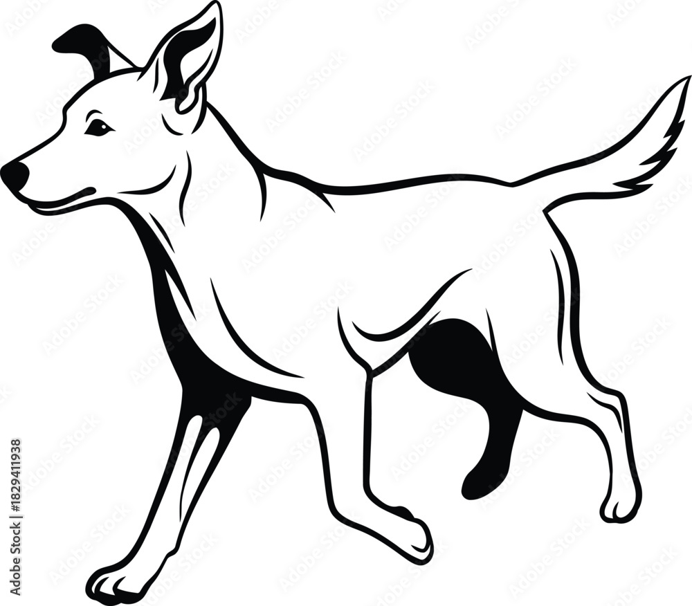 Obraz premium Monochrome Running Dog Vector Outline: Dynamic Black and White Illustration of Active Canine in Motion – Graphic Design Element for Pet Care, Veterinary, Training, Loyalty, and Animal Agility Concept.