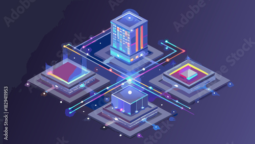 Isometric illustration of a data center with servers and glowing connections representing network activity