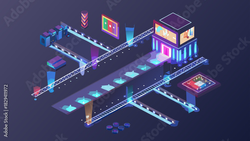 Isometric view of a futuristic neon cityscape with elevated walkways and glowing architectural elements