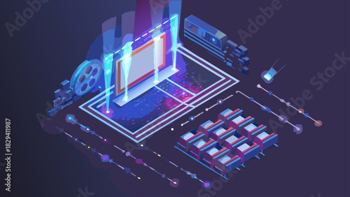 Isometric illustration of a futuristic technology setup with screen and connected components