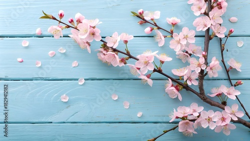 Cherry Blossoms on Pale Blue Wood for Spring
Delicate Pink Petals on a Rustic Aqua Background