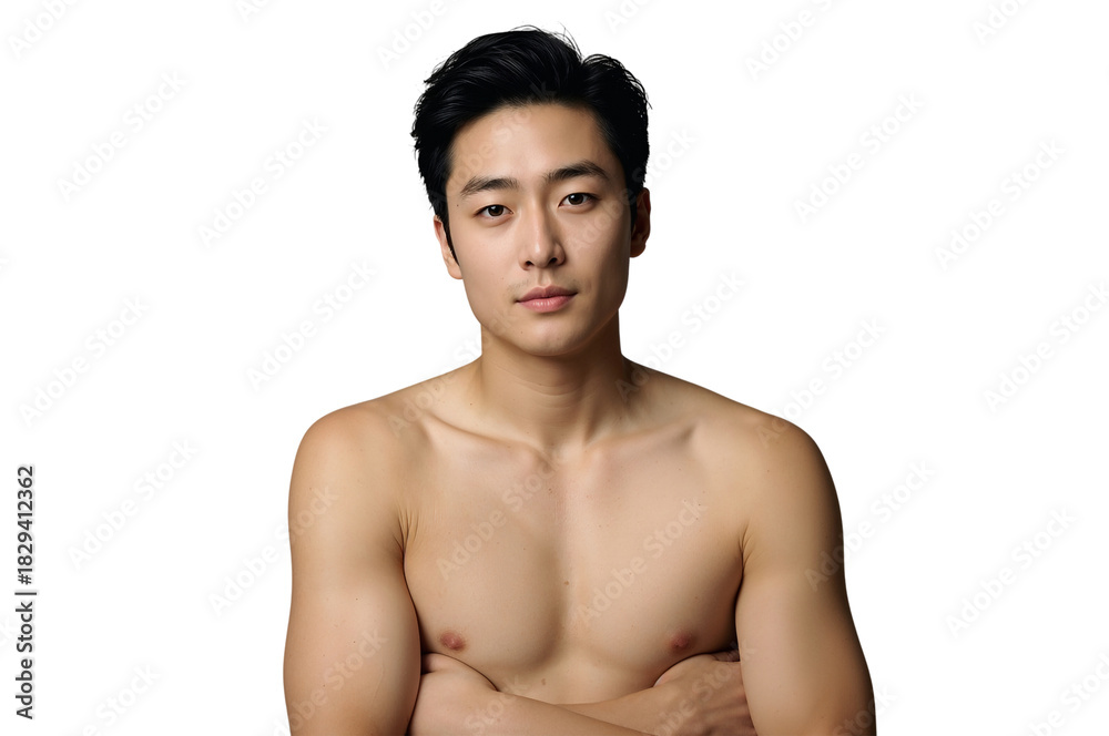 Fototapeta premium Confident young asian man with bare chest, arms crossed portrait