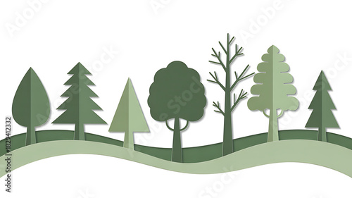 Stylized illustration of various green trees on a wavy landscape