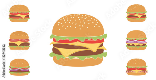 Illustrated hamburger assortment on black background