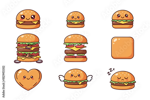 Illustrated hamburger collection diverse cartoon food icons