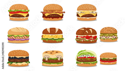 Variety of burgers illustration gourmet ingredients food composition