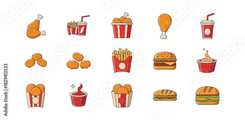 Fast food icons set with various menu items on black background