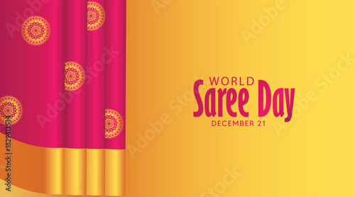 Elegant World Saree Day Illustration Featuring Traditional Fabric Drapes and Festive Cultural Elements