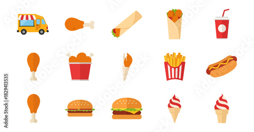 Fast food icons set chicken burgers fries drinks and more